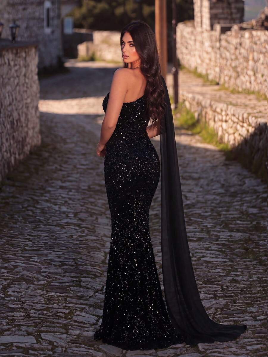 Faeriesty Vestido de Festa Elegante Feminino com Lantejoulas Cintilantes de Ombro Único Sereia - Ideal para Casamentos de Luxo, Galas, Cerimônias de Premiação, Eventos de Gala Preta e Ocasiões de Tapete Vermelho Primavera - Preto - Visão 1