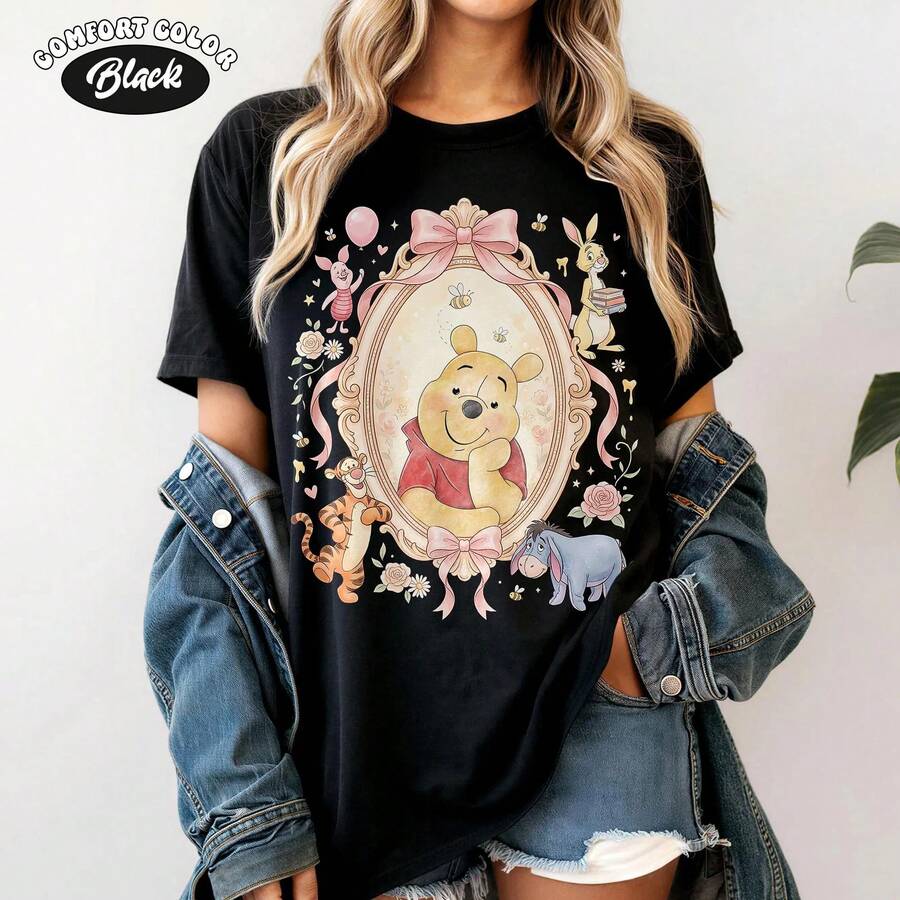 Disney Ladies' T-Shirts, Winnie The Pooh And Friends' Shirts, Watercolor Winnie The Pooh, Piggy, Eeyore T-Shirts, Retro Disney World Girl Travel Shirts, Unisex, Special For Gifts. - màu đen - Xem 1