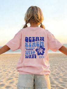 Tween Girls' Summer Vacation Casual Hibiscus Flower Slogan Print Soft Breathable Oversized T-Shirt - Pink - View 4