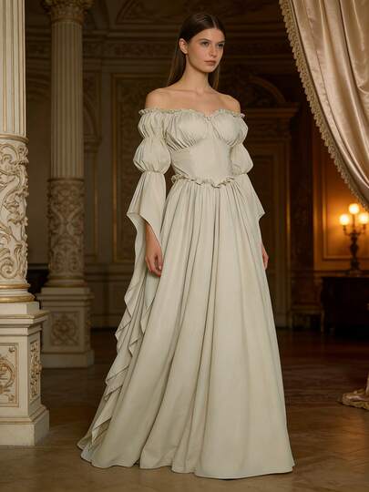 Local Shipping Solid Color, One Shoulder, Puff Sleeves, Lace, Elegant Retro Banquet Party, Stage Play, Palace Dress New Medieval Clothing For Women,