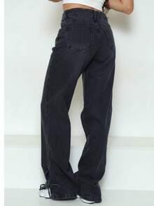 Women's Wide Leg Teen Jeans With Tie At The Hem – Style And Comfort - 深色水洗藍 - 查看 3