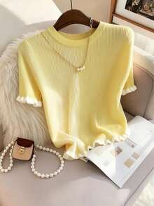 Top in maglia da donna elegante urbano moderno casual stile vacanza giallo pallido & bianco con volant e inserti, maniche corte, scollo tondo, camicetta casual da spiaggia estiva - Giallo - Visualizzare 10