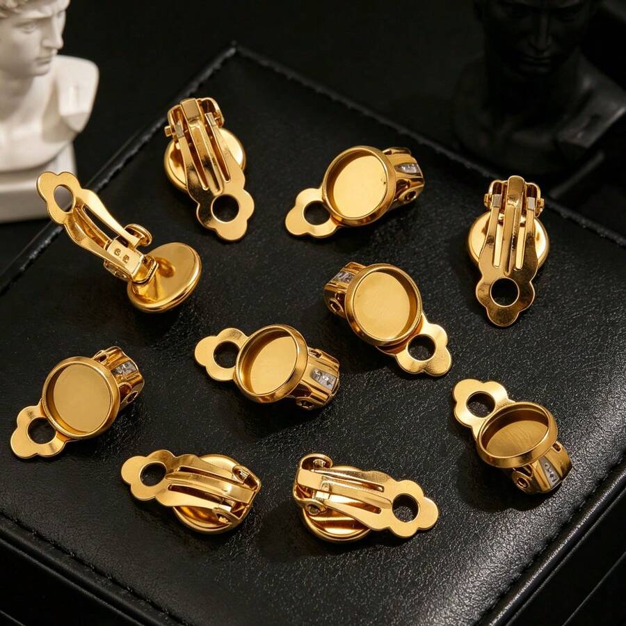 10件套304不锈钢镀18K金时尚耳夹、托盘耳环，镶嵌时间宝石，DIY珠宝制作材料 - 耳夾 - 查看 1
