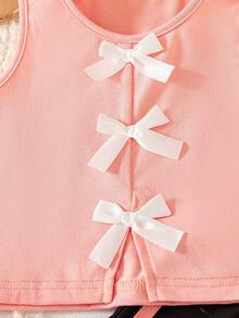 2pcs Girls Casual Outfits, Sleeveless Solid Color Top With 3D Bow Design And Elastic Waist Pants, Spring/Summer - Pink - View 5