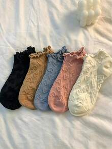 1/3/5 Pairs Summer Breathable Hollow Heart Short Socks/Boat Socks, Breathable & Non-Sweaty, Loose Ruffle Rim, Cute Japanese Style Pastel Color Versatile Women Ankle Socks, Summer Breathable Absorbent Soft Solid Color Japanese Style Women Shallow Boat Socks - Multicolor - View 8