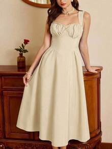 Vestido midi blanco de mujer, estilo vintage, tirantes finos y escote corazón, con pliegues en el busto y falda acampanada, elegante y versátil para fiestas, Navidad, Año Nuevo, eventos y el día a día - Albaricoque - Ver 5