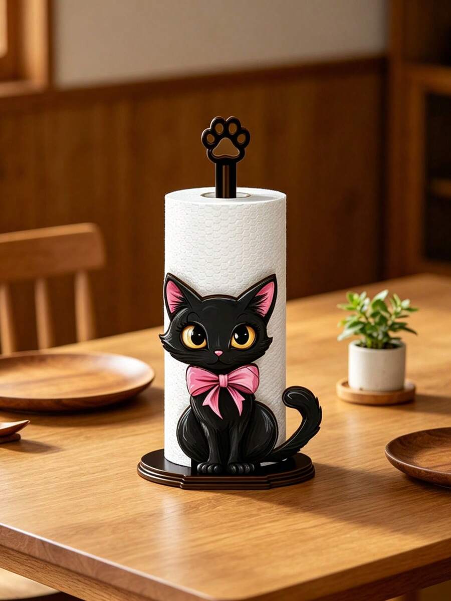 Black Cat Design Kitchen Towel Rack, Wooden Kitchen Towel Rack, Single-Layer Fabric Towel Rack, Vertical Kitchen Towel Rack, Countertop Towel & Wrap Organizer, Desktop Towel Rack, Towel & Cling Film Roll Holder - Multicolor - View 1
