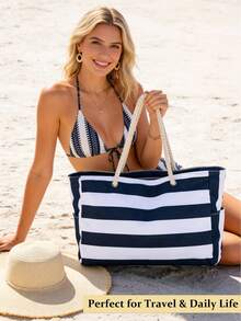 Women's Waterproof Beach Tote Bag, Zipper Closure, Waterproof & Sand-Proof Design, Random Striped Pattern, Large Capacity, Suitable For Swimming Pool, School, Travel, Work, Vacation, Shopping And Other Occasions - Blue - View 7