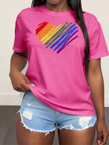 Plus Size Women's Crew Neck T-Shirt With Hand Drawn Heart Gay Pride Flag LGBT LGBTQ Rainbow Heart Print, Women's Fashion T-Shirt, Comfortable Round Neck Top, Soft Adorable Tees Tops - 玫瑰紅 - 查看 1