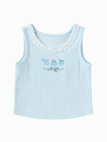 Balabala Áo tank top ren cho bé gái, mẫu mới mùa hè 2026, mềm mại, thanh lịch, thoáng khí, thích hợp mặc hàng ngày, phong cách dễ thương. - màu xanh băng - Xem 1