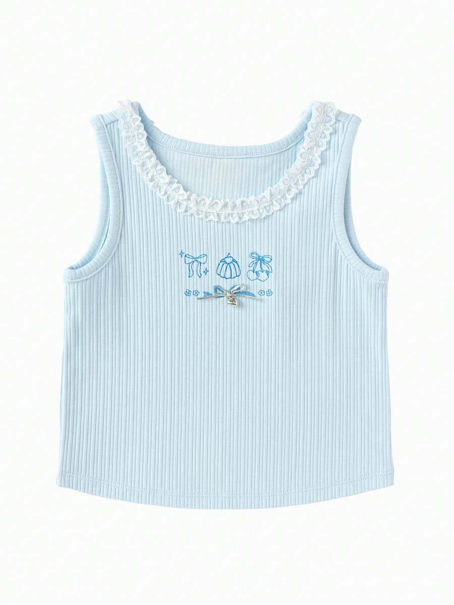 Balabala Áo tank top ren cho bé gái, mẫu mới mùa hè 2026, mềm mại, thanh lịch, thoáng khí, thích hợp mặc hàng ngày, phong cách dễ thương. - màu xanh băng - Xem 1
