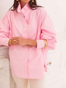 New Arrival Fashionable Elegant Solid Color Lantern Sleeve Stand Collar Casual Shirt, Suitable For Daily, Festivals, Vacation, And Dates Pink - Pink - View 2