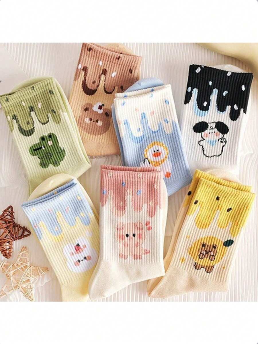 7 Pairs Women's Mid-Calf Socks, Fall/Winter New Ins All-Match Student ' Socks, Korean Sweet & Cute Japanese Jk Style Daily Wear - Multicolor - View 1