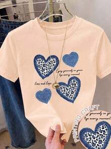 Camiseta Casual de Manga Corta con Cuello Redondo para Mujer, con Estampado Gráfico de Corazones de Guepardo para un Look Adorable WF9K - Albaricoque - Ver 12