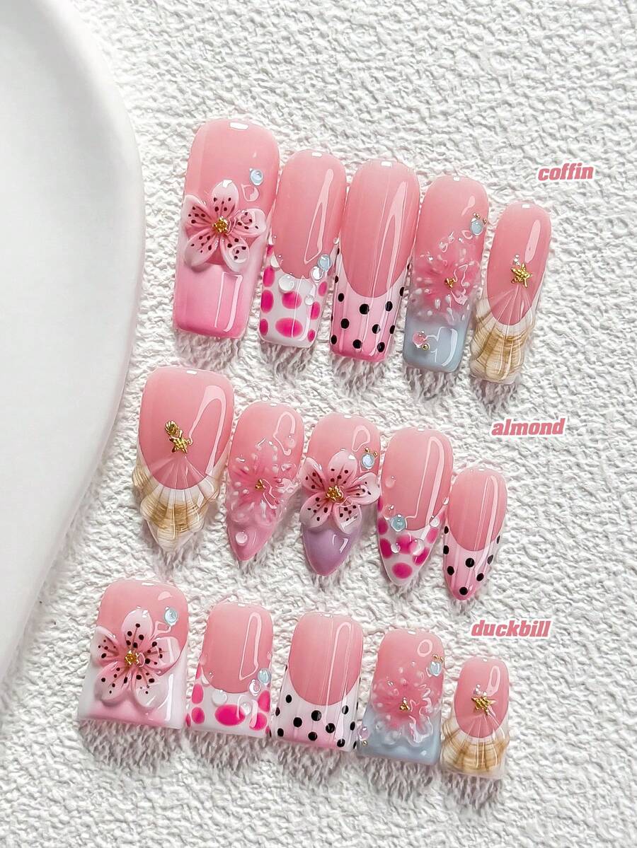 10Pcs Sweet Girl Style Handmade Nail Art Set,Polygel Nail Set,Starfish, Five Petal Flower,Pink, Black And Blue Nail Polish,Includes Nail Tools,3 Sizes Available,Almond Nails , Duck Nails,Coffin Nails For Party, Dance, Daily Wear. - 彩色 - 查看 1