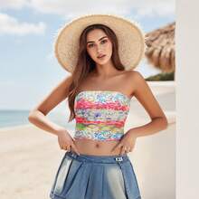 Women Floral Print Camisole Tank Top Strapless Wrapped Tube Top Crop Slim Fit Bodycon Cami - Blue - View 4