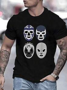 Men's Wrestler Mask Crew Neck T-Shirt, 100% Cotton, Urban Style, 1 Unit Of 220g. Casual Wear With Vintage Mexican Wrestling Design And Modern Prints. CIPZ - 白色 - 查看 8