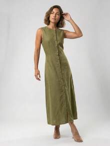 Aletheia - Women's Tank Dress With Lining, Linen Fabric With Elastane - Elegant Midi Dresses For Women - rêu xanh - Xem 6