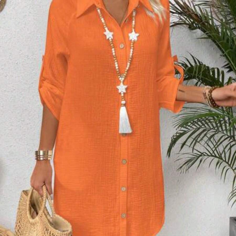Zayélia Solid Color Textured Button Front Shirt Dress Fall Cloth For Women - Naranja - Ver 1