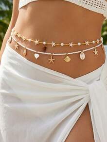2 piezas Cadena de cintura con estilo bohemio de playa, multicapa con estrella de mar y perlas, accesorios de joyería corporal de moda para mujer, adecuado para verano, playa, fiesta callejera y atuendo de playa - Estilo 2 - Ver 5