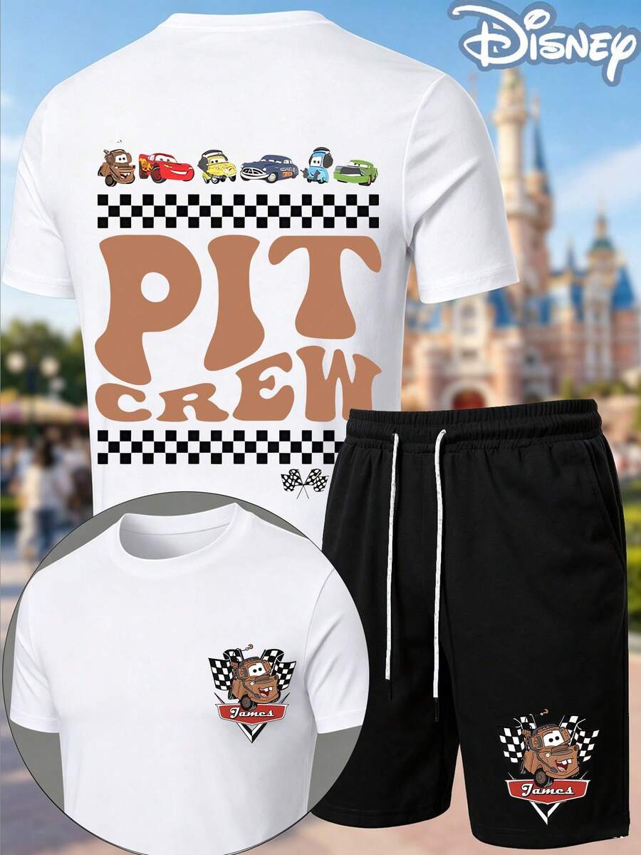 Disney Cars "Pit Crew" Brown 2-Piece Outfit, Summer T-Shirt & Summer Shorts Set, Tow Mater Racing Graphic, Casual Summer Matching Set For Fans - 白色 - 查看 1