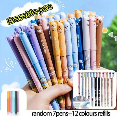 19pcs Colorful Animal Erasable Pen Set (7 Erasable Pens + 12 Refills), Variety Of Lovely Patterns And Designs, Smooth Writing, Suitable For Journaling, Accounting, Lists, Office, School, Back To School, Holiday Gifts