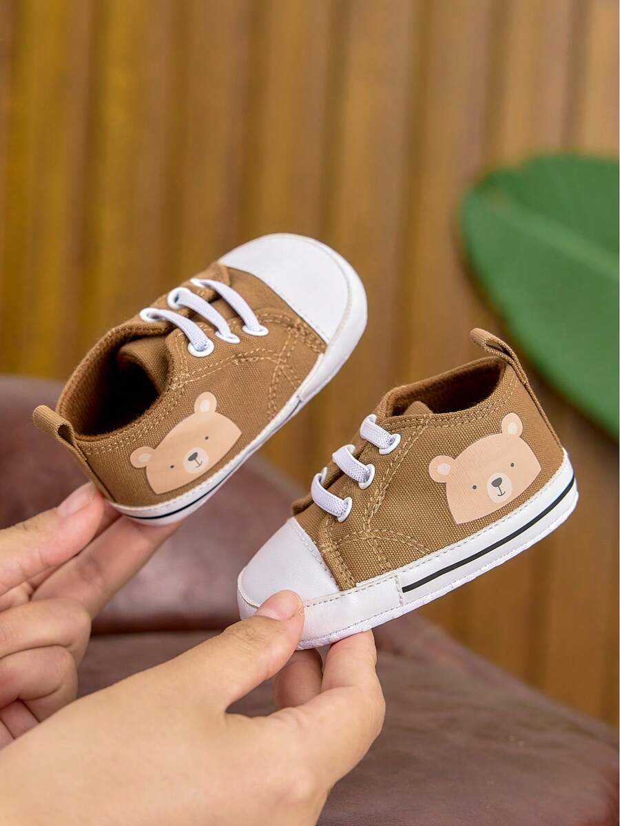 Toddler Boys/Girls Casual Fashion Soft Bottom Slip-On Canvas Sneakers, Cartoon Pattern, Suitable For Indoor/Outdoor, 0-1 Years Old, Spring/Autumn - Khaki - View 1
