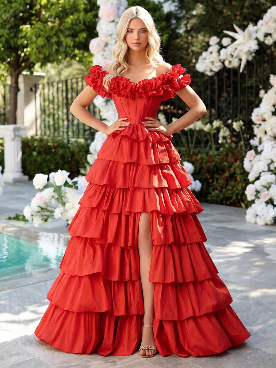 Off Shoulder Prom Gown With Puffy Hem Long Elaborate Puffy Shoulder Evening Gown For Women Lace Up Back High Split Ball Gown Homecoming Dress For Teen - Red - View 1