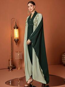 Women's V-Neck Color Block Pleated Casual Party Arabic Batwing Sleeve Dress - Green - View 6