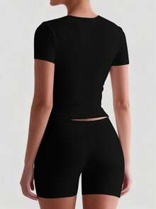 Solid Color Round Neck Slim Fit Waist Design Women Top Casual - Black and White - View 5