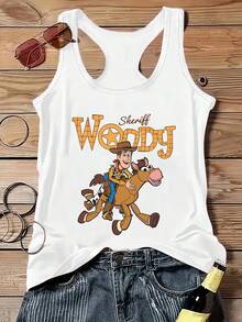 Disney Officially Licensed Y2K Fashion Sleeveless Tank Top T-Shirt With "Toy Story" Print, Cool Summer T-Shirt, Sleeveless Tank Top T-Shirt With Round Neck, Casual Top For Spring And Summer, Women's Clothing, Available In Multiple Sizes And Colors - White - View 1