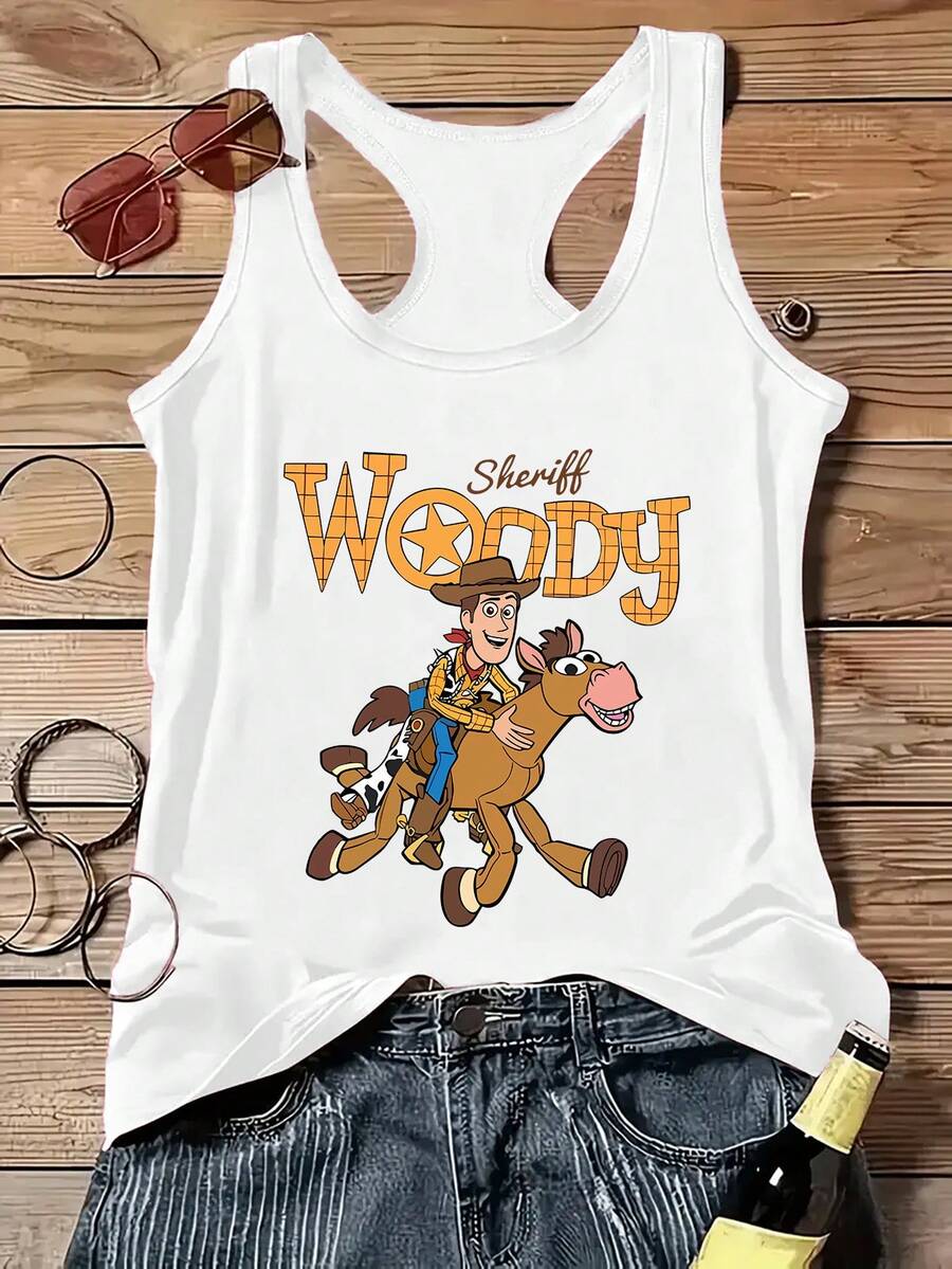 Disney Officially Licensed Y2K Fashion Sleeveless Tank Top T-Shirt With "Toy Story" Print, Cool Summer T-Shirt, Sleeveless Tank Top T-Shirt With Round Neck, Casual Top For Spring And Summer, Women's Clothing, Available In Multiple Sizes And Colors - White - View 1