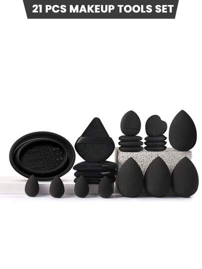 21 PIEZAS Juego de herramientas de maquillaje que incluye: 4 esponjas de maquillaje + 8 borlas de polvos de cojín de aire mini + 4 borlas de polvos triangulares + 4 esponjas de maquillaje mini + 1 herramienta de limpieza de brochas de maquillaje