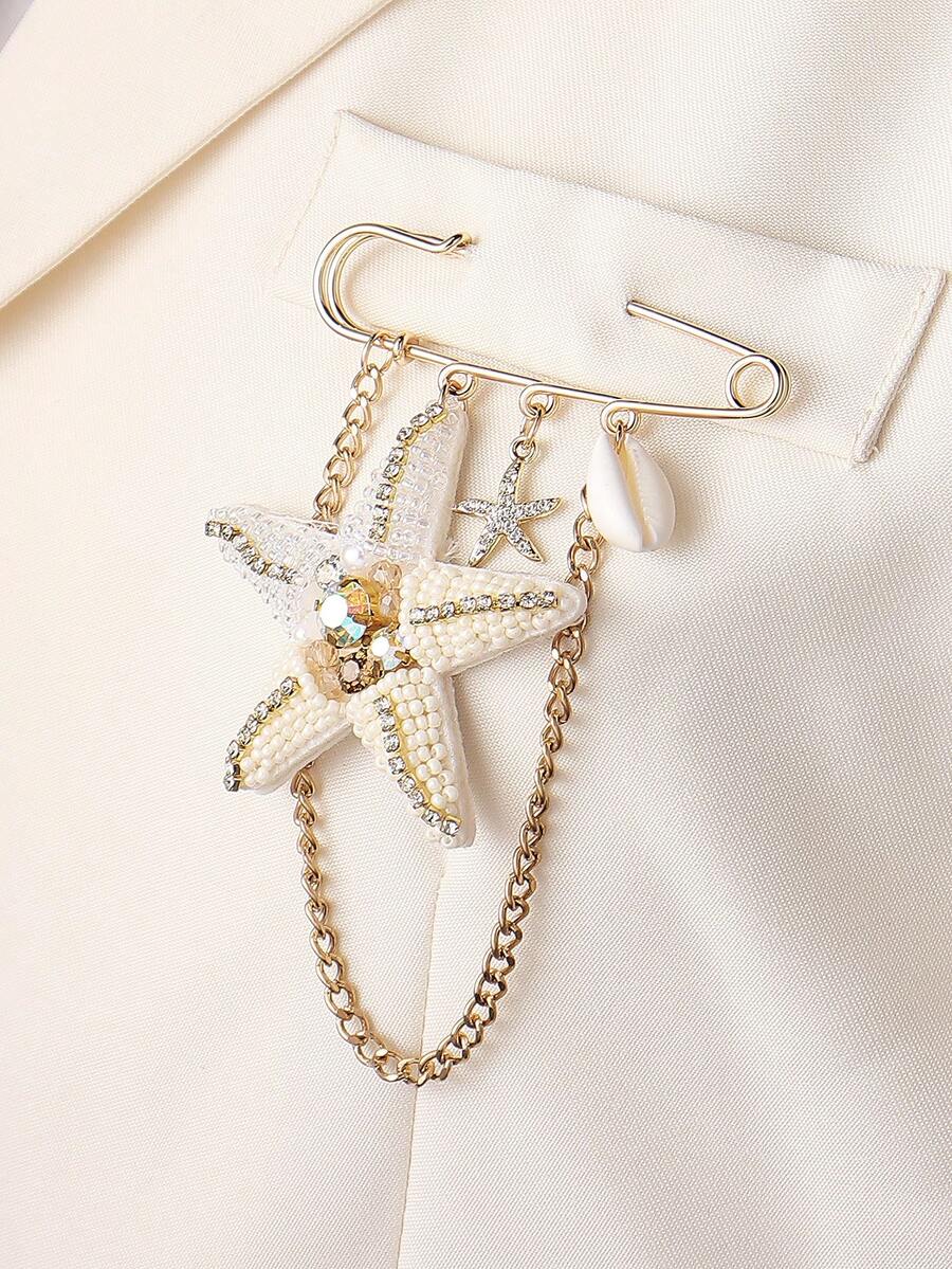 1 pieza Broche hecho a mano con conchas marinas y borlas, estilo bohemio de vacaciones en la isla, adecuado para uso diario casual de mujeres, hebilla ajustable para la cintura y decoración de sombreros, la forma artesanal puede variar ligeramente - estrella de mar - Ver 1