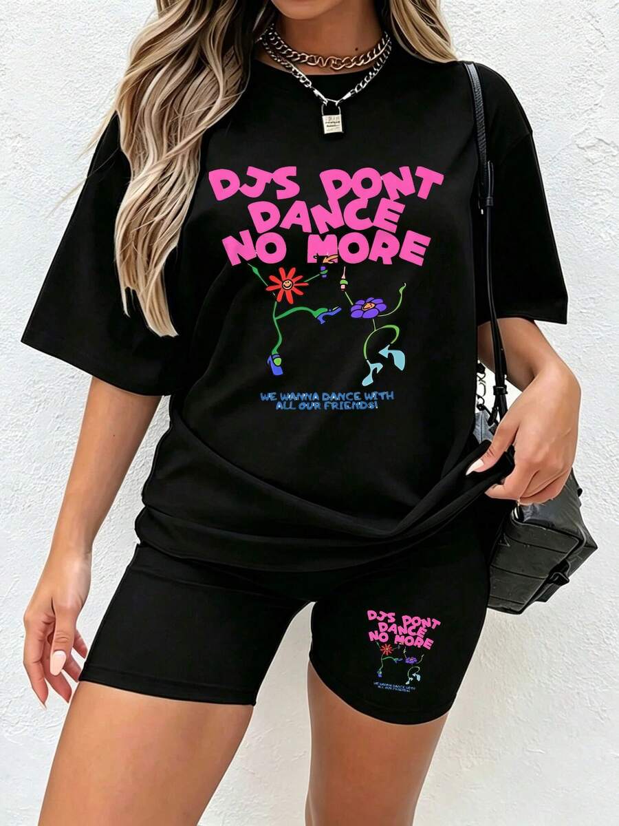 Women's 2pcs Short-Suit DJs Don't Dance No More Graphic Matching Outfit - Summer Casual Round Neck Short Sleeve T-Shirt & Matching Shorts, Lunch Outfits, Machine Washable 2pcs Ensemble, Breathable Comfort Fit - 黑色 - 查看 1