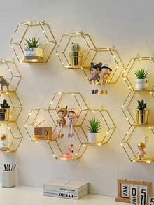 3pcs/1pc Gold Hexagon Wall Shelf, Home Decor Wall Mounted Storage Rack, Book Display Decorative Iron Rack - Pale Gold - View 2