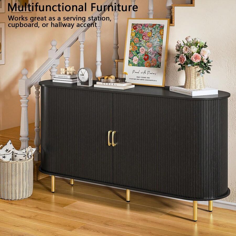55" Fluted Storage Cabinet With Tambour Sliding Doors, Sideboard Buffet Cabinet With Storage, Wood Coffee Bar Console Table For Living Room Hallway Entryway - Đen - Xem 1
