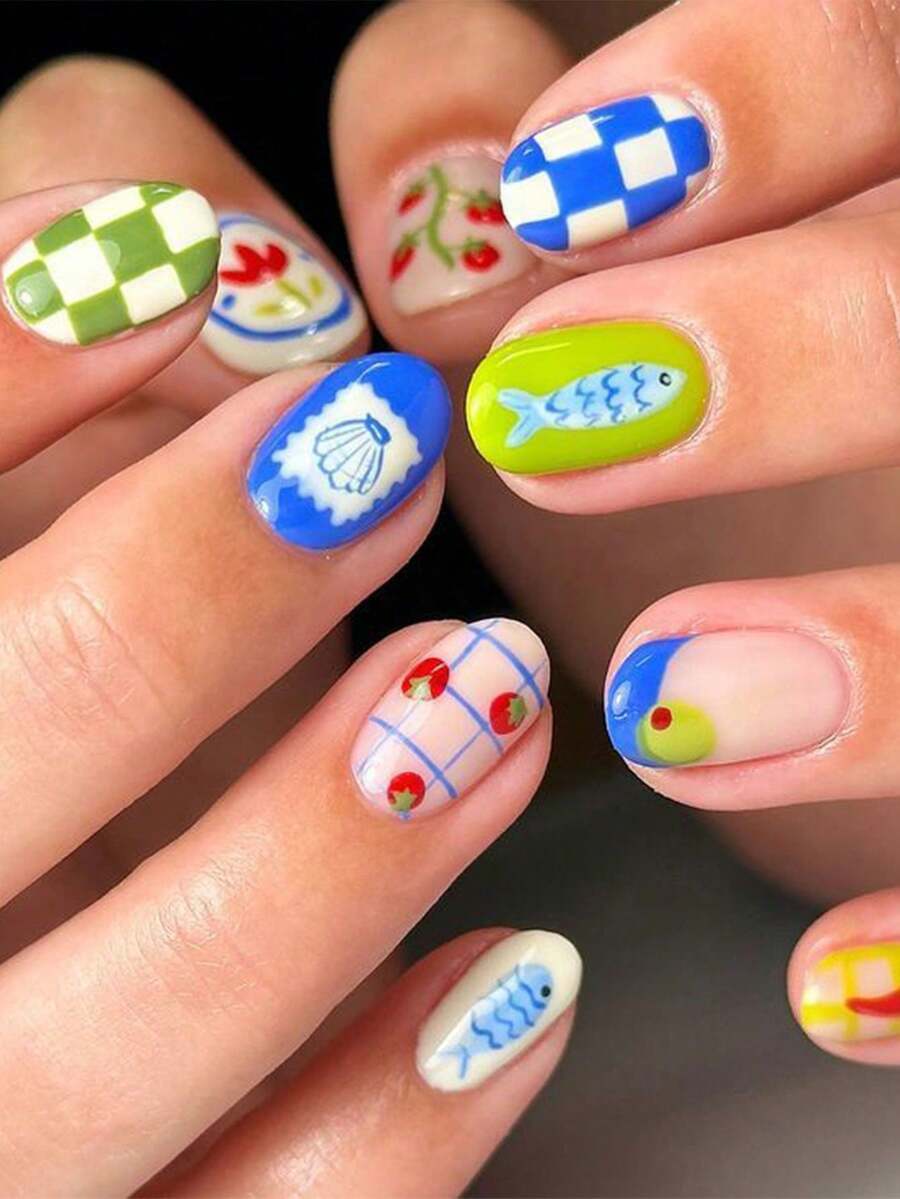 24 Square, Press-On Short False Nails, A Vibrant Orange And Blue Romantic Manicure To Brighten Your Spring Nails. Includes Application Tools, Gel Polish, And Nail File. - Multicolor - View 1