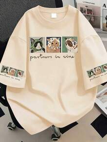 Plus Size Women's Casual Minimalist Cat Print Round Neck T-Shirt, Short Sleeve Suitable For Daily Wear, Beach Vacation; Suitable For Daily Wear, Outing, Travel, Beach, Party, Women's Summer - Apricot - View 1
