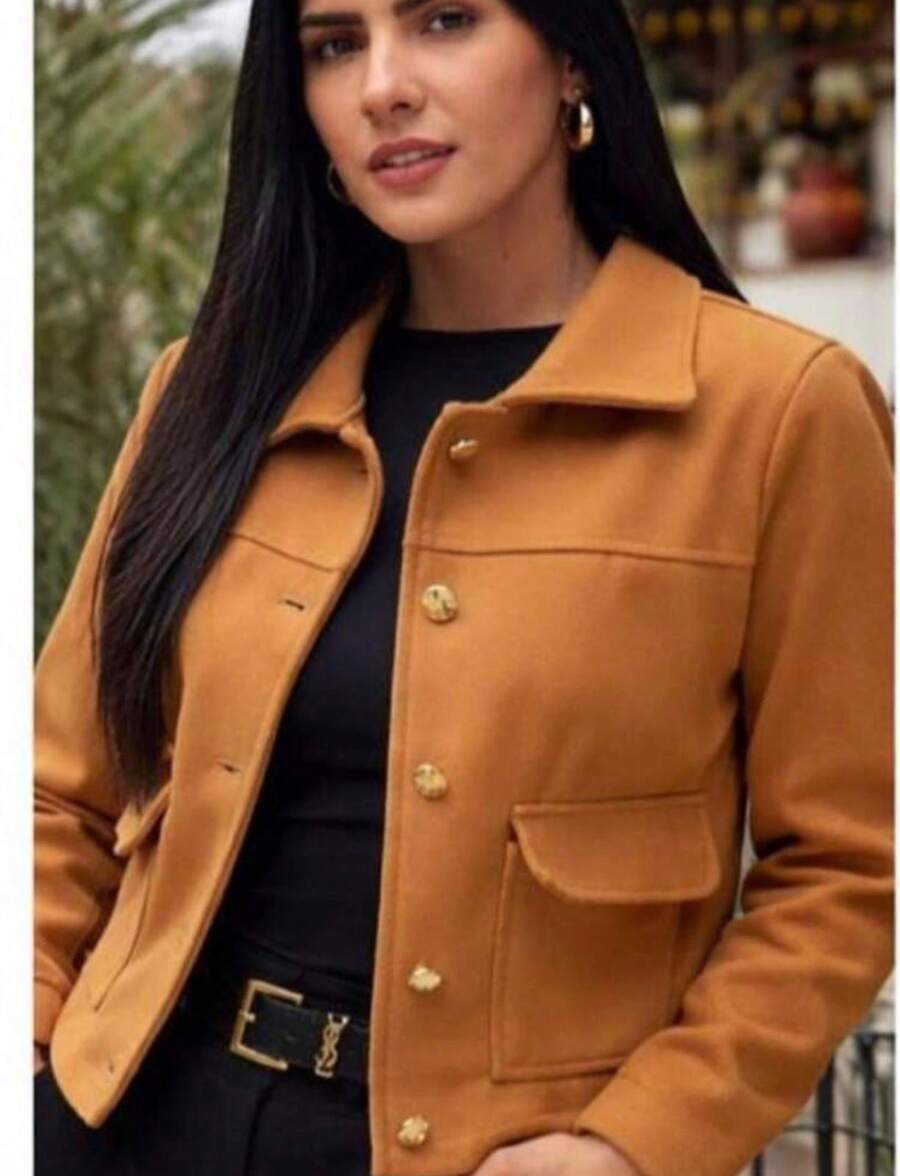 Women's Jacket With Faux Buttons, Woolen Fabric, Winter Fashion - Camel - View 1