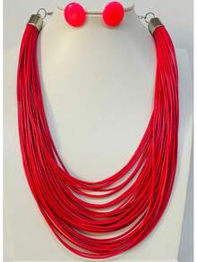 Maxi Waxed Multi-Strand Necklace Set With Button Earrings - 紅色 2 - 查看 1