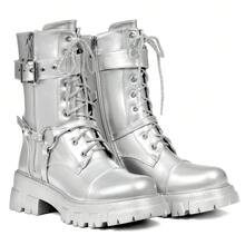 ElegaStep Punk  Goth  Y2K    Lace Up    Combat Boots  Party    Chunky Heel  Steampunk  Harness Motorcycle Biker Boots  Mid Calf  Lug Sole  Side Zipper - Bạc - Xem 5