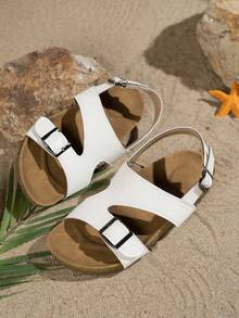 Women's Cork Sandals With Metal Buckle Decor, Platform Thick Sole Slides, Comfortable Versatile Beach/Casual Wear Suitable For Summer - White - View 6