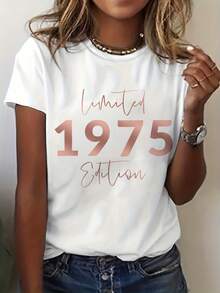 Camiseta de algodón de manga corta para mujer, estilo casual, con cuello redondo, con un estampado de edición limitada para celebrar el 70º cumpleaños en 1975, perfecta para primavera y verano. - Blanco - Ver 1