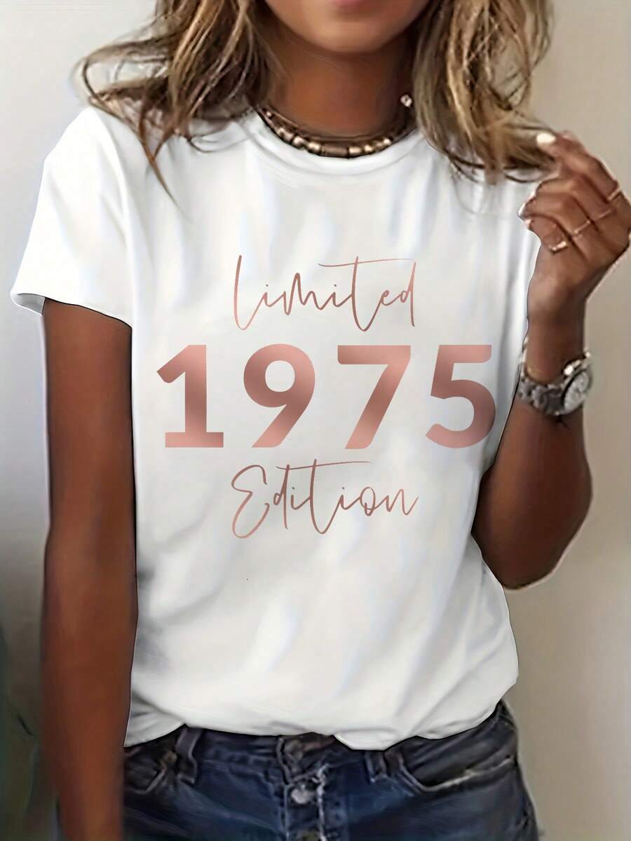 Camiseta de algodón de manga corta para mujer, estilo casual, con cuello redondo, con un estampado de edición limitada para celebrar el 70º cumpleaños en 1975, perfecta para primavera y verano. - Blanco - Ver 1