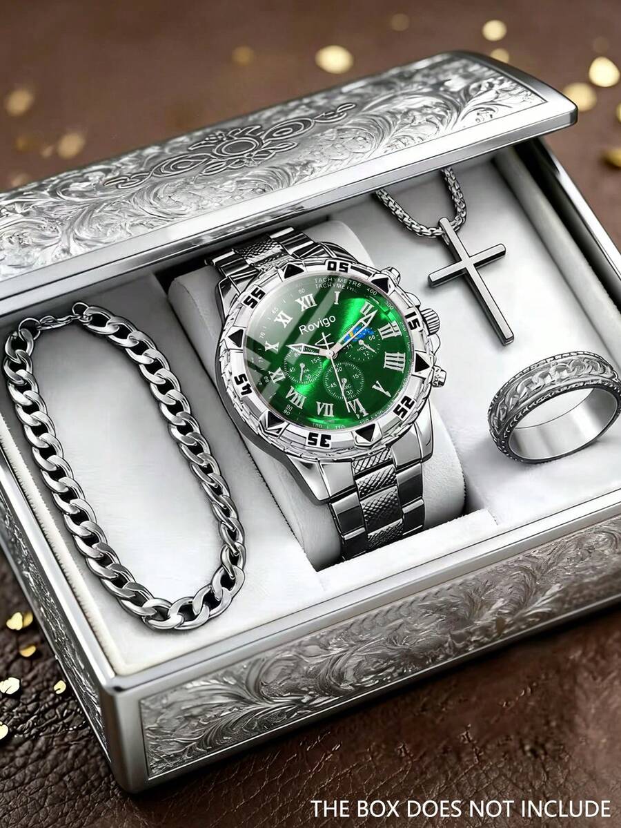 4 peças/Conjunto Relógio Quartz Masculino Minimalista e Casual, Incluindo Relógio Quartz com Pulseira de Liga de Prata e Mostrador Verde, Pulseira, Colar, Anel, Focado em um tom verde frio para realçar a textura rústica, com pulseira de metal durável e na moda - Prata - Visão 1