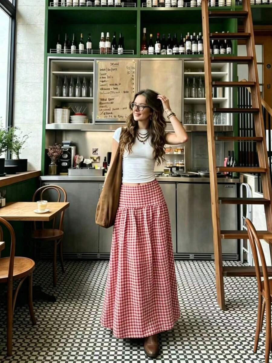 Chân váy dài kẻ caro màu đỏ, kiểu dáng thường ngày, dành cho nữ. - Đỏ - Xem 1