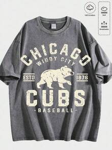 Vintage Washed Chicago Cubs Baseball Graphic Tee |   Retro Windy City T-Shirt - Gray - 查看 1