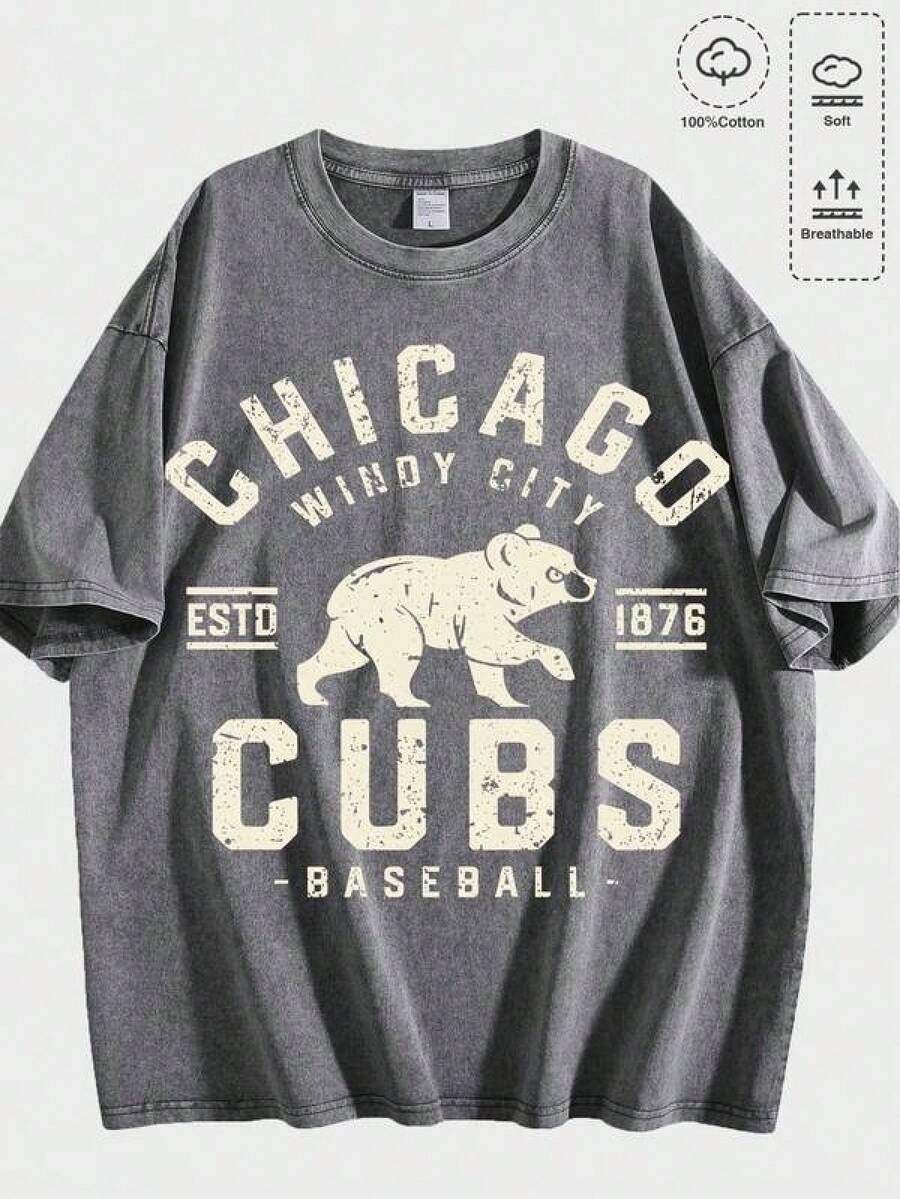 Vintage Washed Chicago Cubs Baseball Graphic Tee |   Retro Windy City T-Shirt - Gray - 查看 1