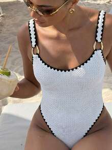 Mono de baño bohemio para mujer, textura tejida marrón con bordes de crochet, diseño de tirantes ajustable, ideal para playa, piscina y vacaciones tropicales - Blanco - Ver 12